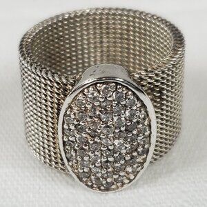 VINTAGE Silver "FADI 925" ENCRUSTED CRYSTAL Oval Linking Band Sz 18MM US 9